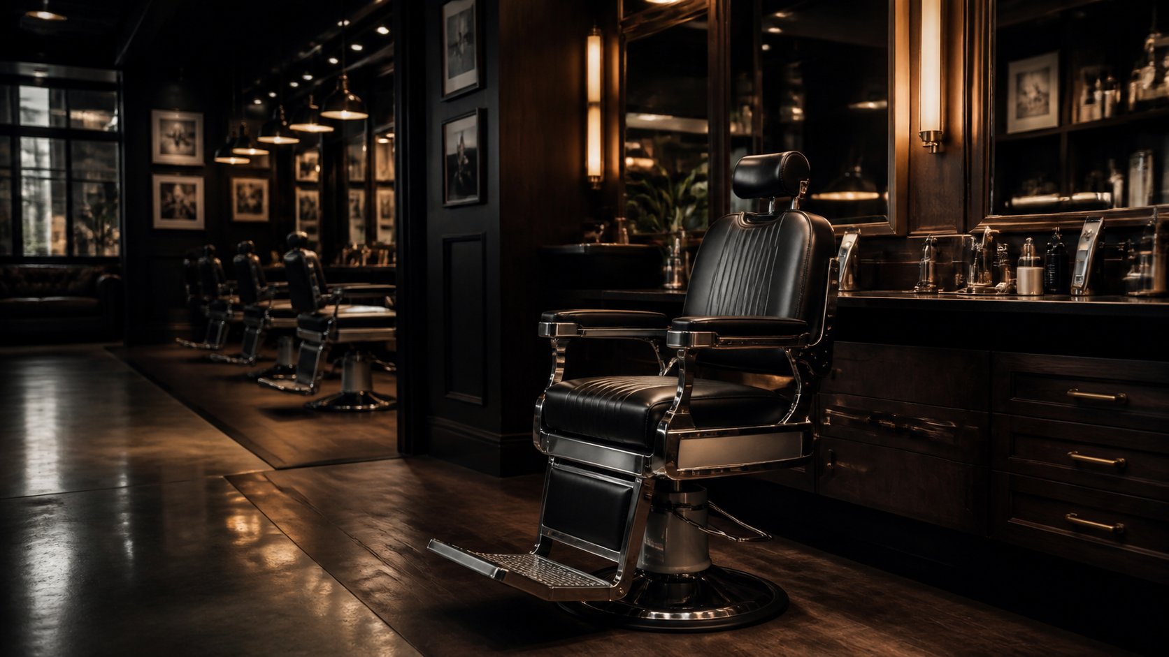 Interior premium de barbearia usado como imagem temporária de simulação